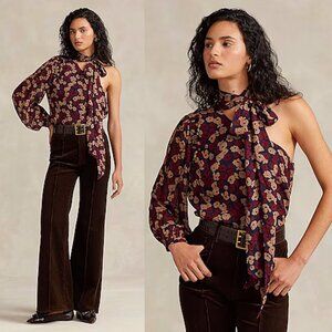 NWT New $398 Polo By Ralph Lauren Georgette Tie-Neck One Shoulder Blouse Size 6